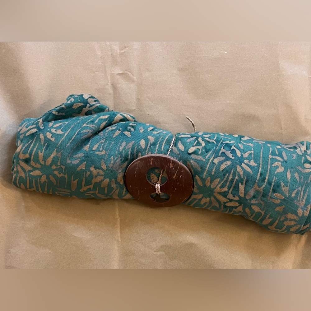 Teal and Beige Patterned Sarong with Coconut Shell Sarong Clip